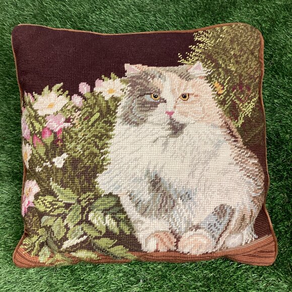 Vintage Cat Needlepoint Tapestry Pillow Long Haired Calico - Picture 11 of 11